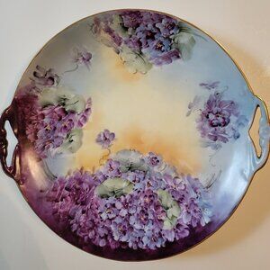 Limoges 11-1/2" Hand Painted Plate Signed, Violets, Gold Rim, Two Handles